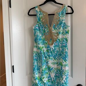 Lilly Pulitzer Sleeveless Blue & Green Printed Shift Dress with Gold Trim